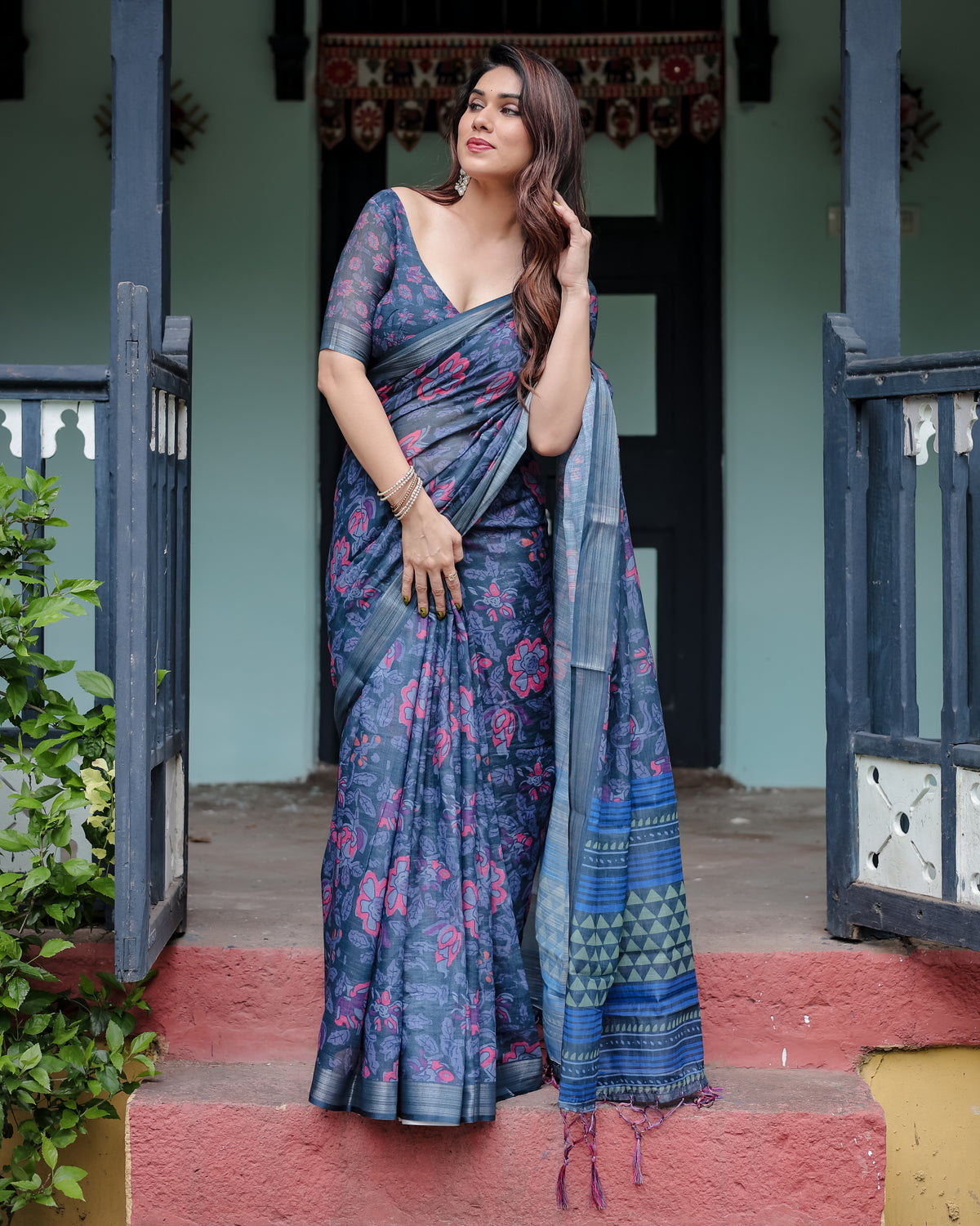 Navy Blue Floral Printed Saree with Designer Border
