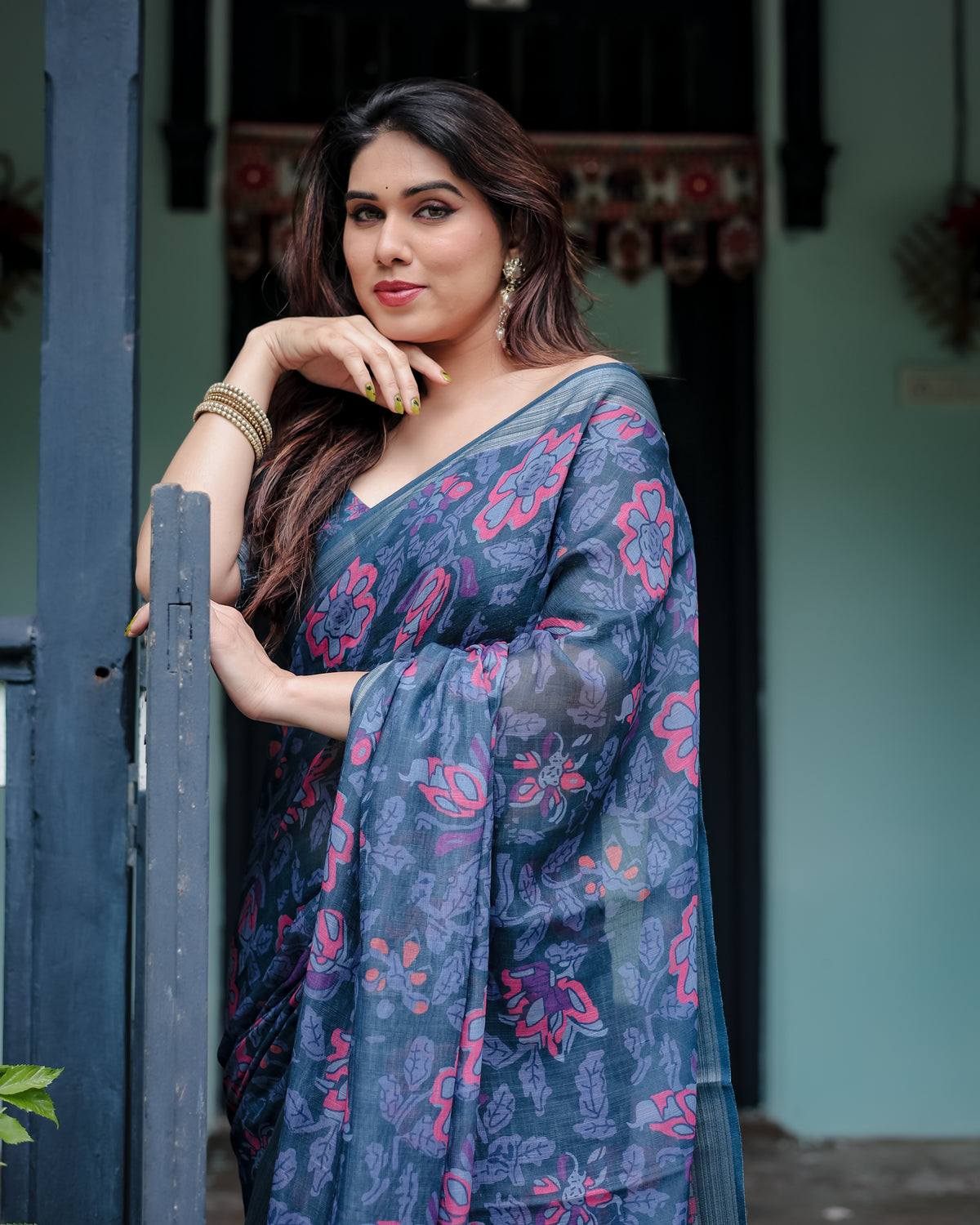 Navy Blue Floral Printed Saree with Designer Border