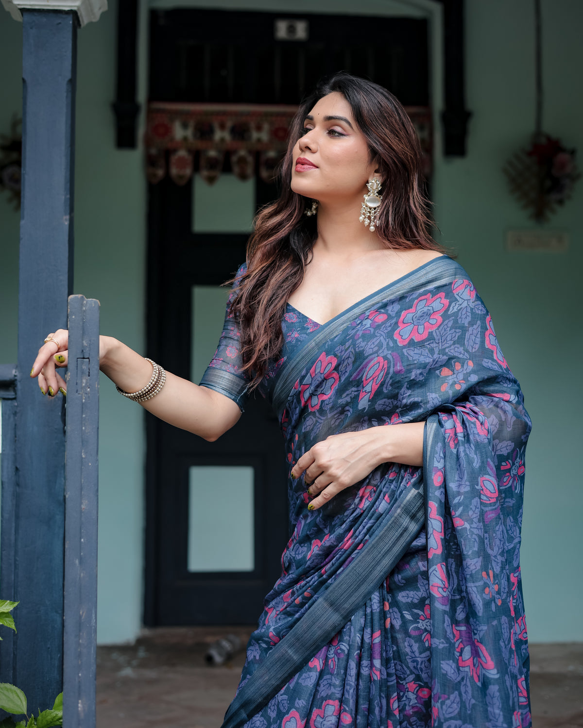 Navy Blue Floral Printed Saree with Designer Border