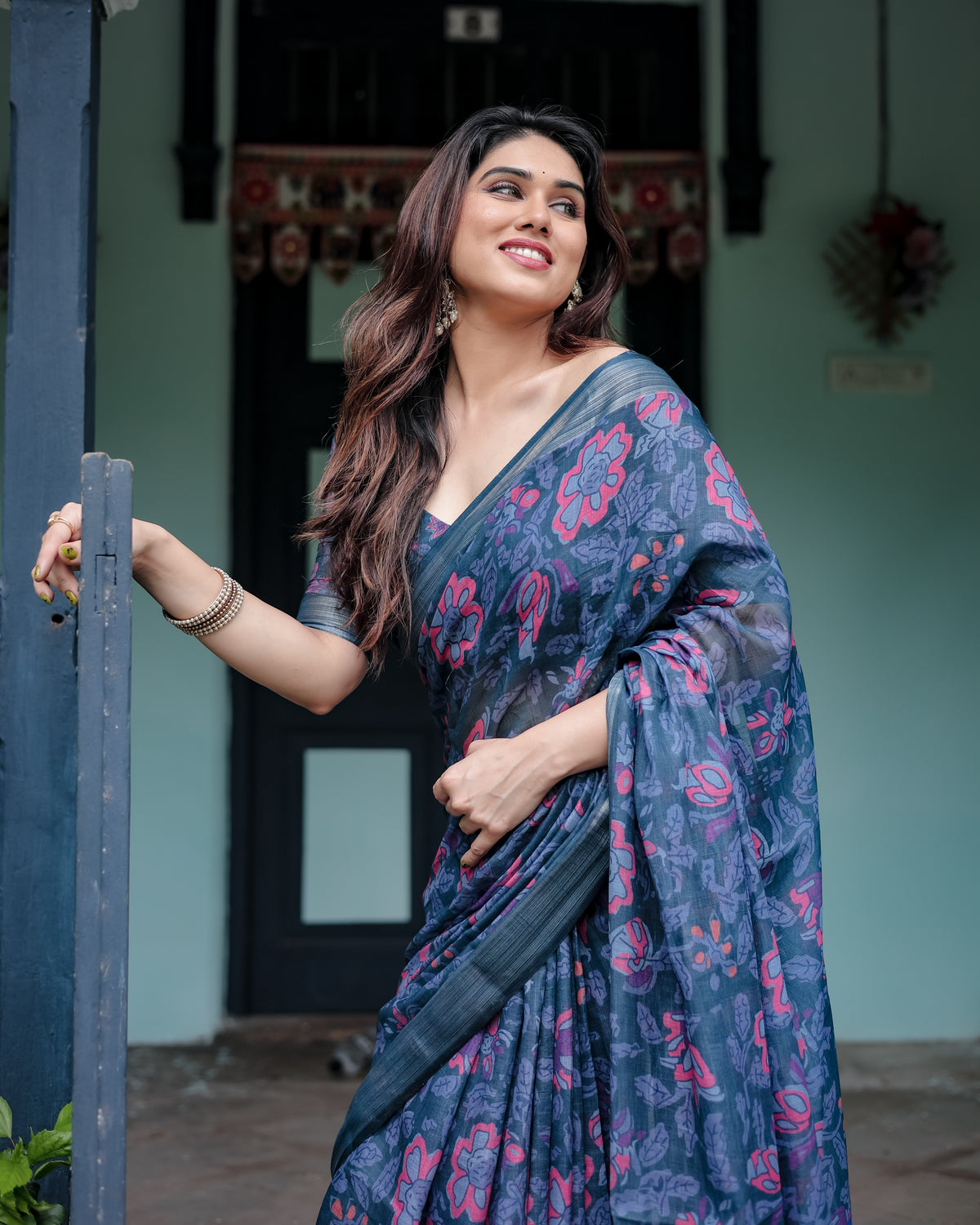 Navy Blue Floral Printed Saree with Designer Border