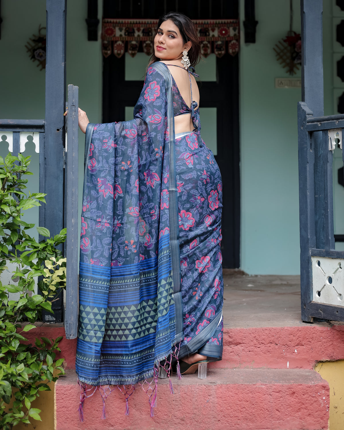 Navy Blue Floral Printed Saree with Designer Border