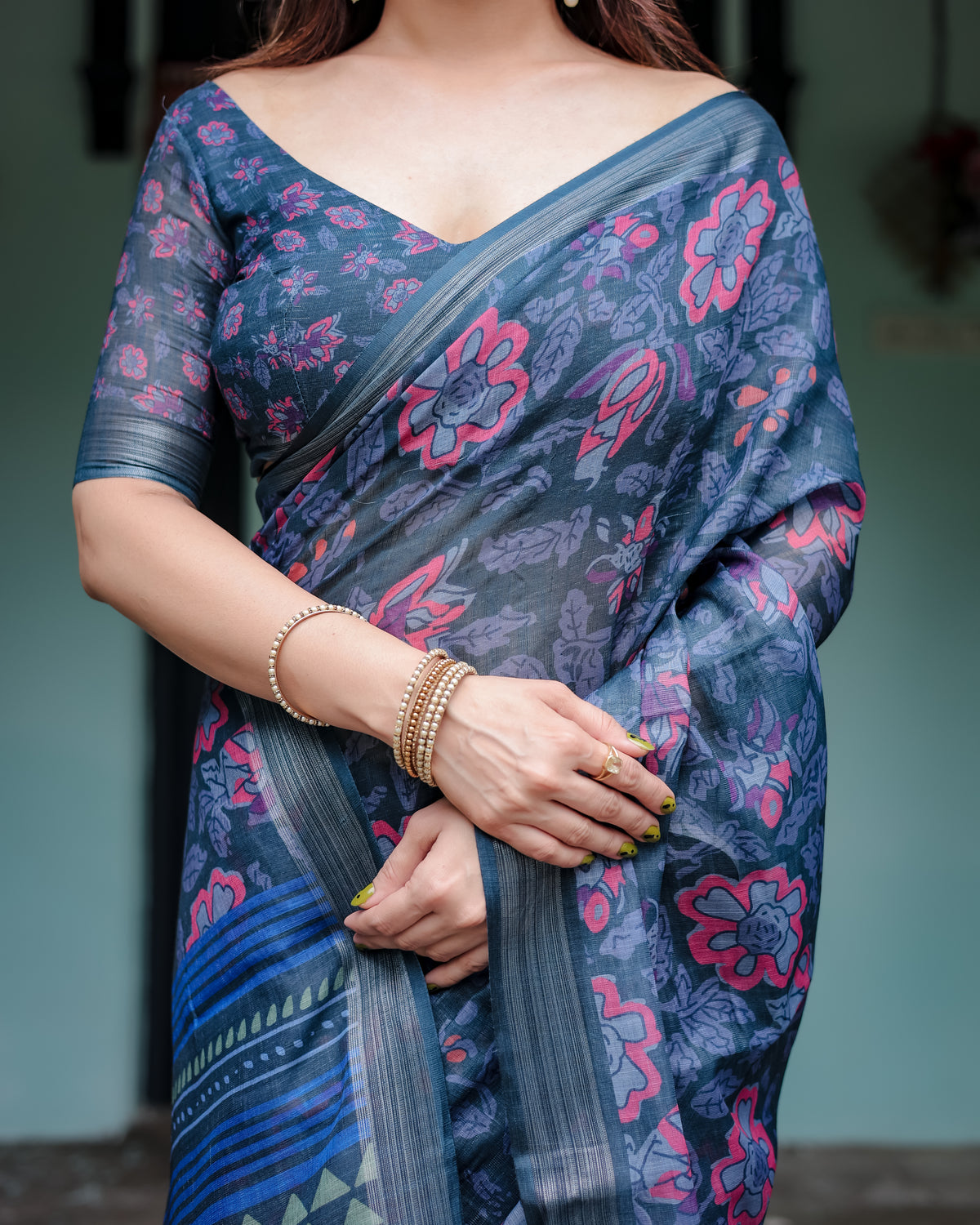 Navy Blue Floral Printed Saree with Designer Border
