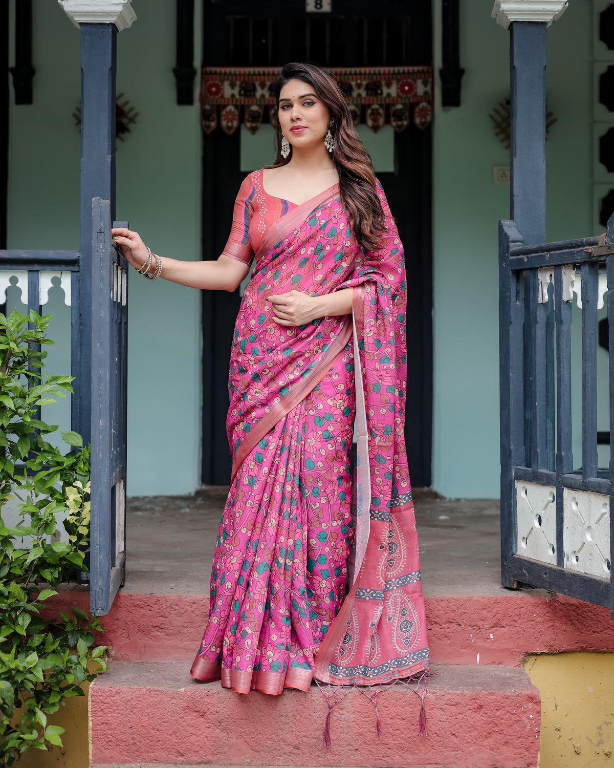 Pink Floral Printed Saree with Green Motifs and Designer Pallu