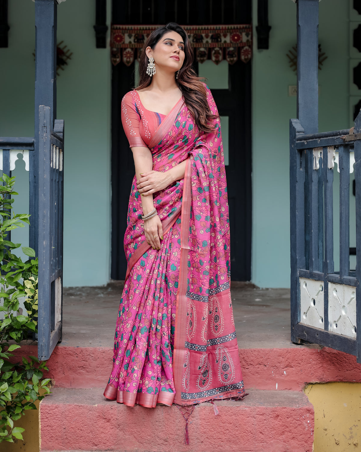 Pink Floral Printed Saree with Green Motifs and Designer Pallu