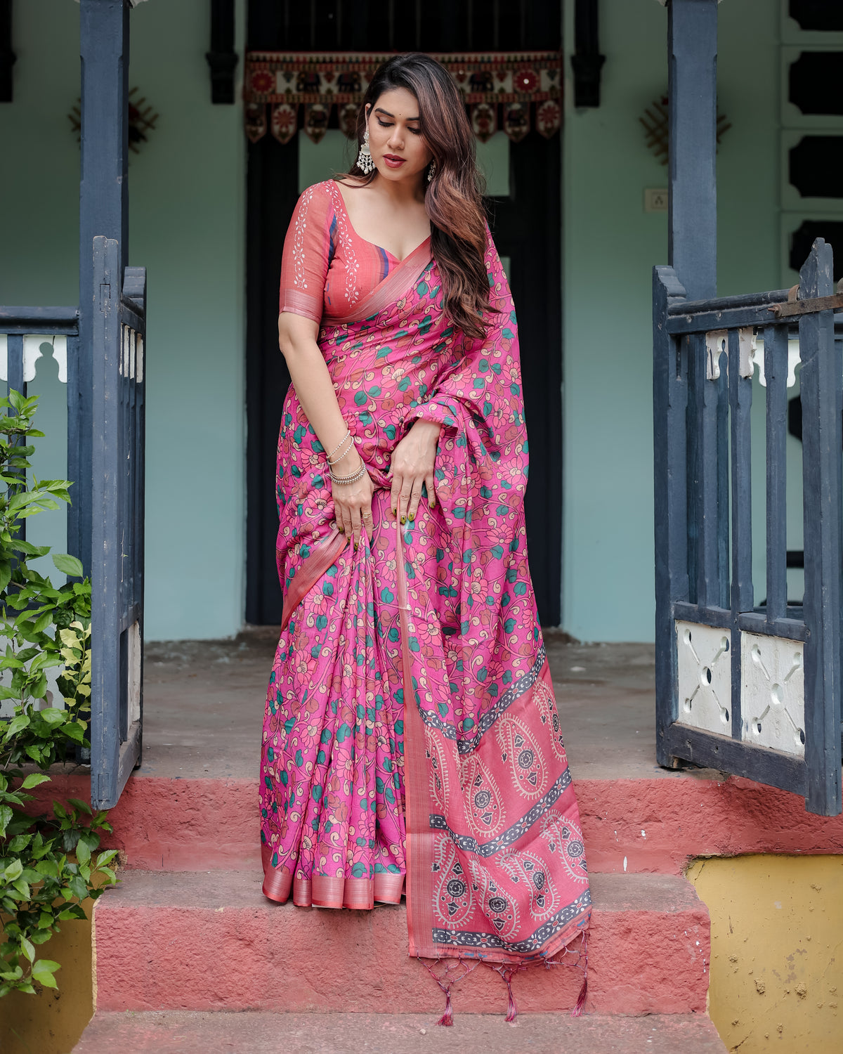 Pink Floral Printed Saree with Green Motifs and Designer Pallu