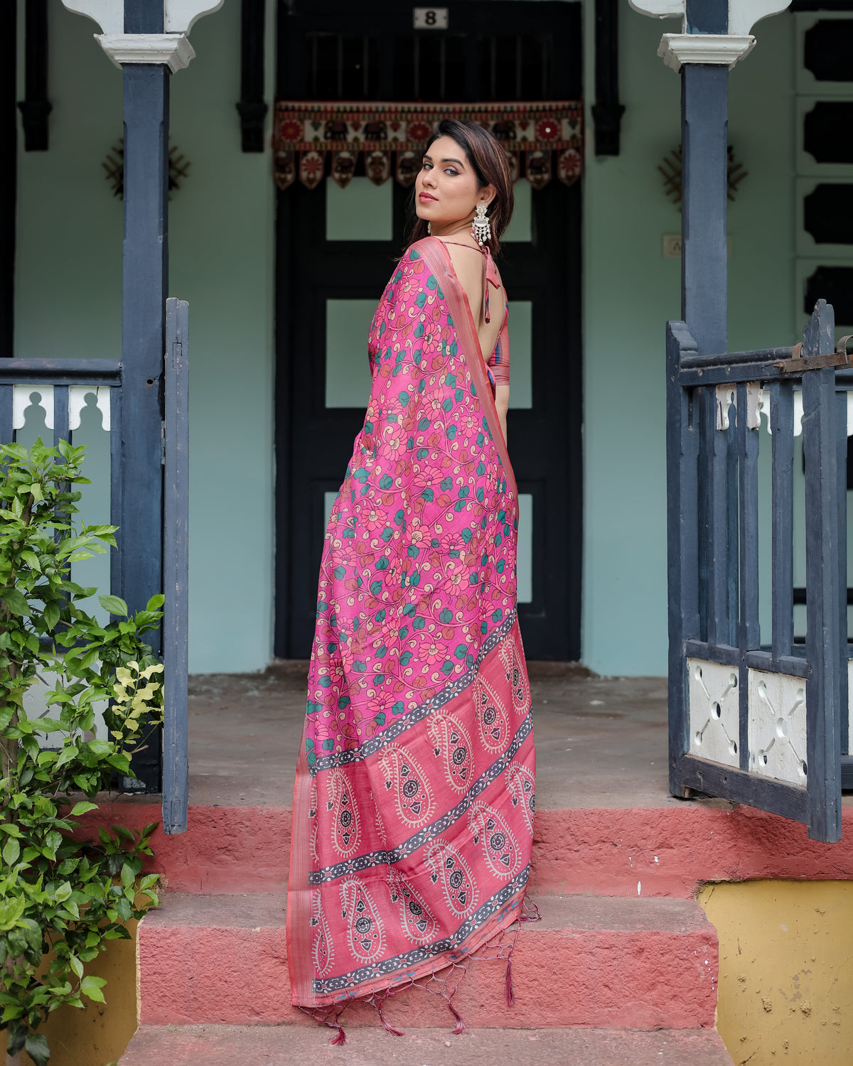 Pink Floral Printed Saree with Green Motifs and Designer Pallu