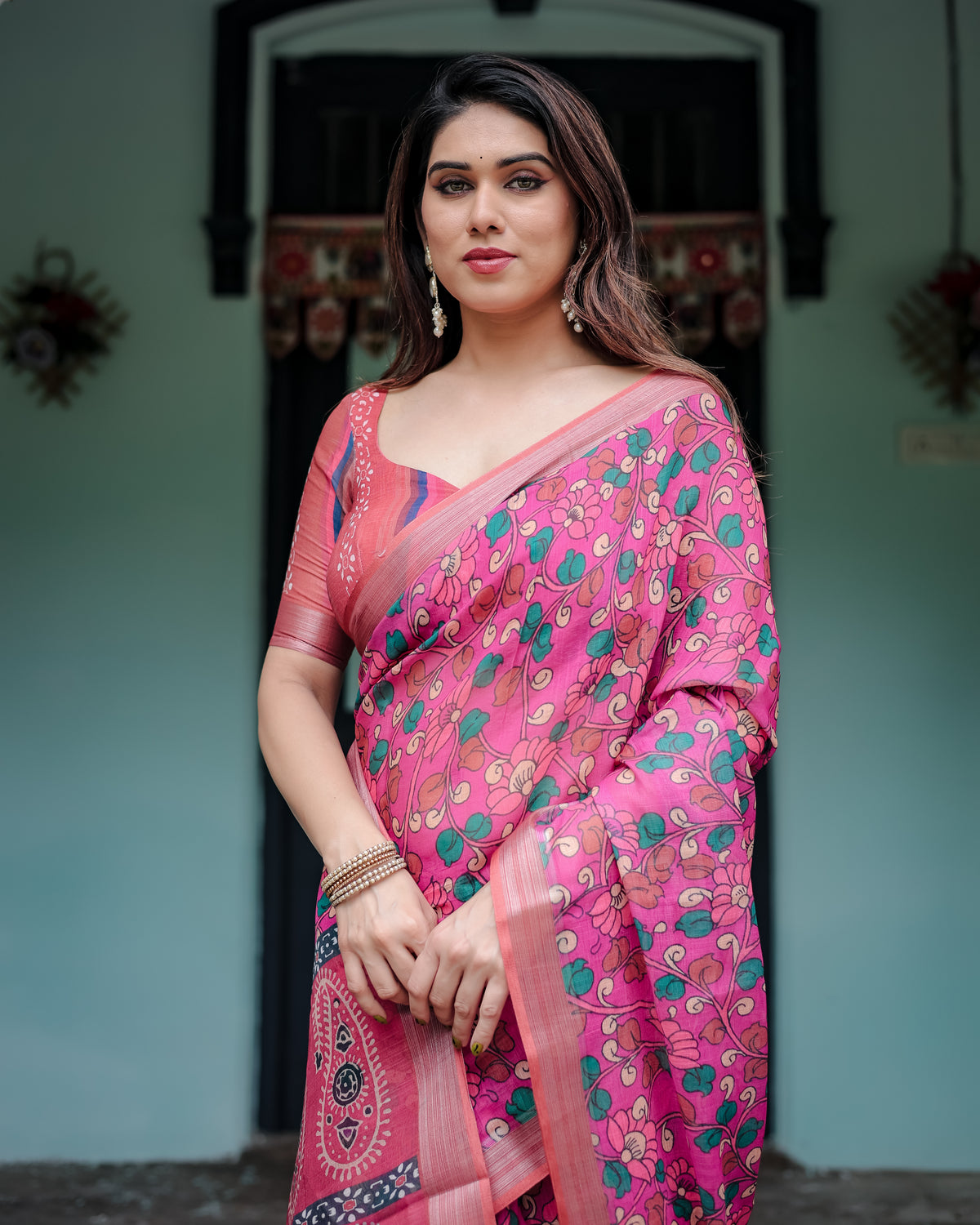 Pink Floral Printed Saree with Green Motifs and Designer Pallu