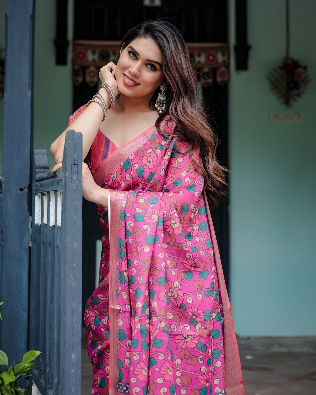 Pink Floral Printed Saree with Green Motifs and Designer Pallu