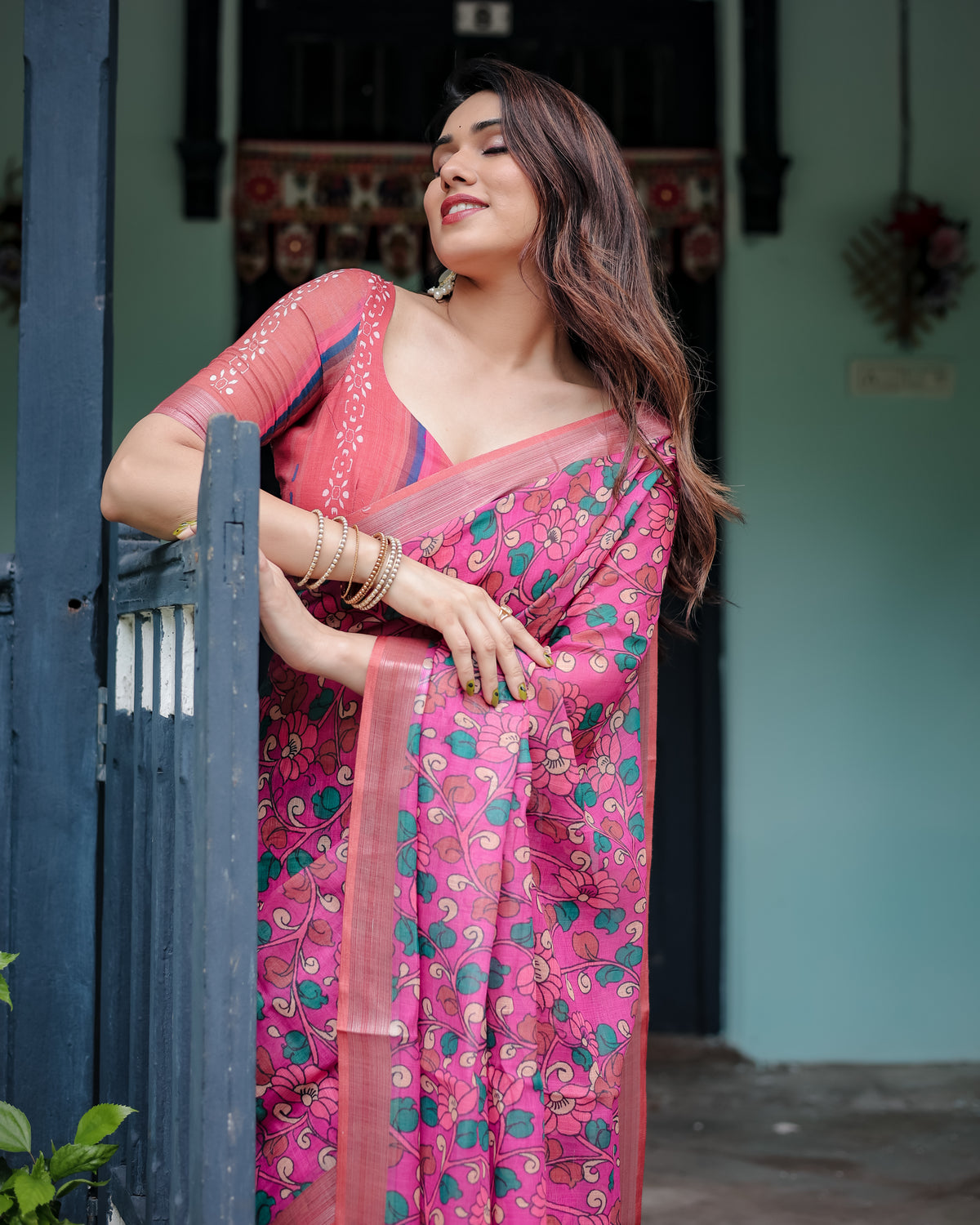 Pink Floral Printed Saree with Green Motifs and Designer Pallu
