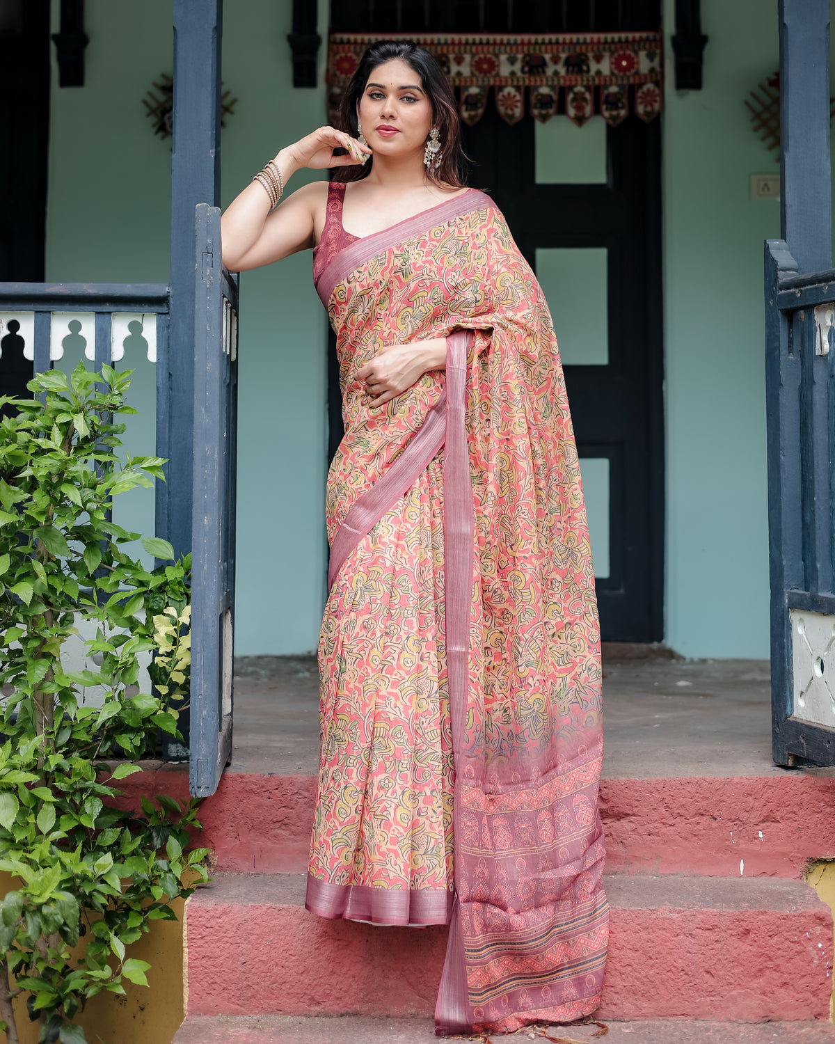 Peach Pink Floral Printed Saree with Traditional Border