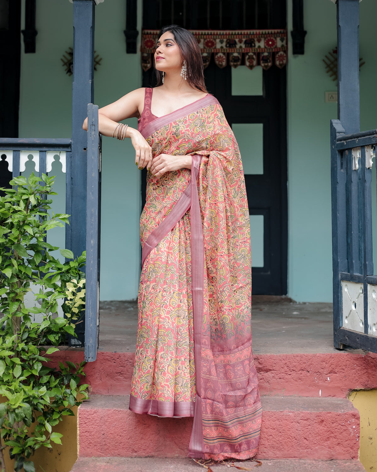 Peach Pink Floral Printed Saree with Traditional Border