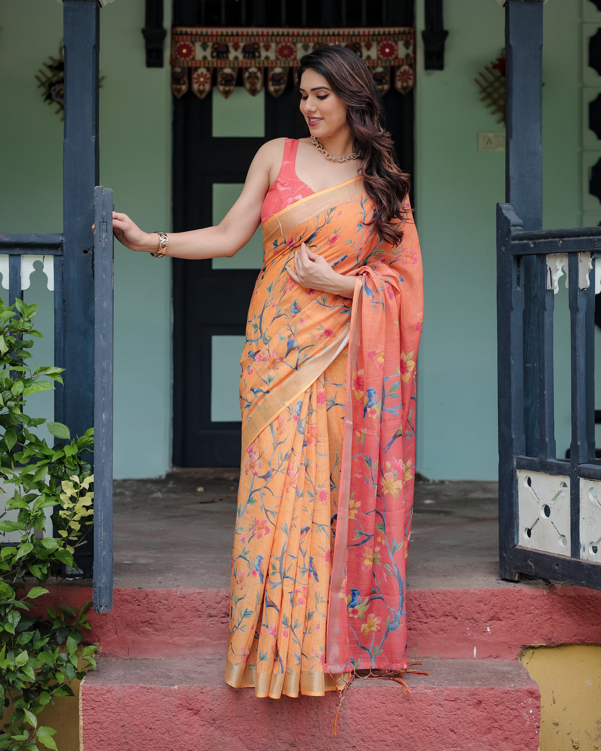 Peach Orange Floral Printed Saree with Pink Pallu