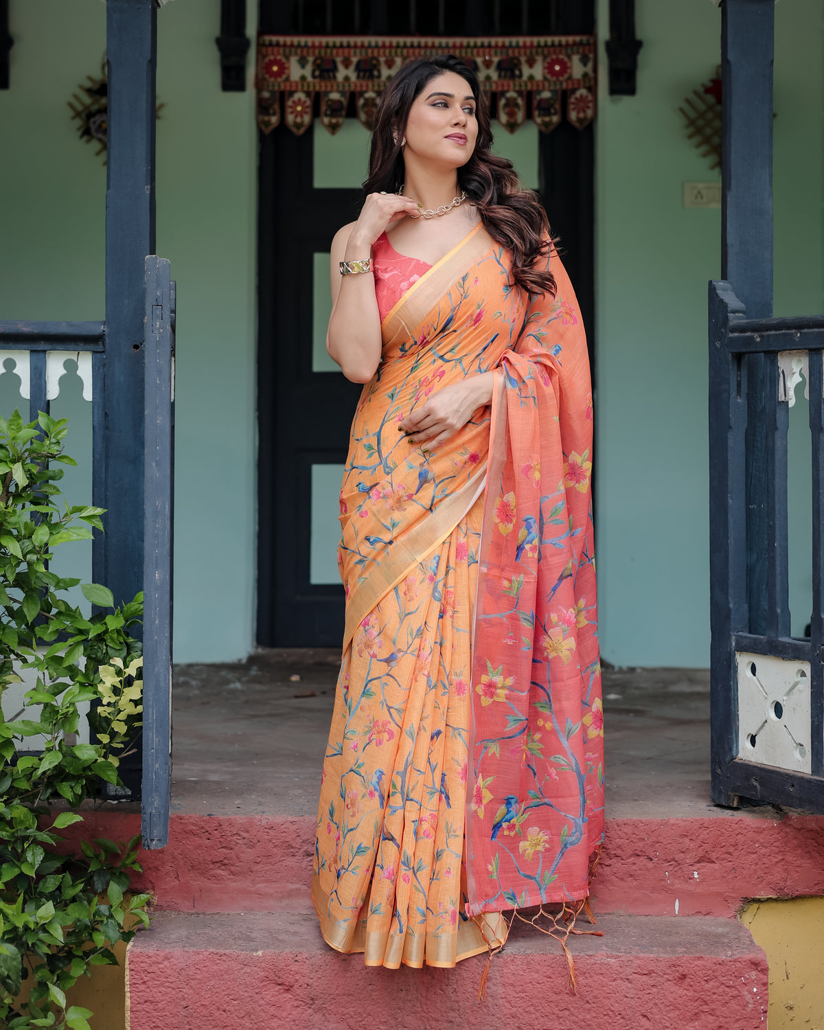 Peach Orange Floral Printed Saree with Pink Pallu