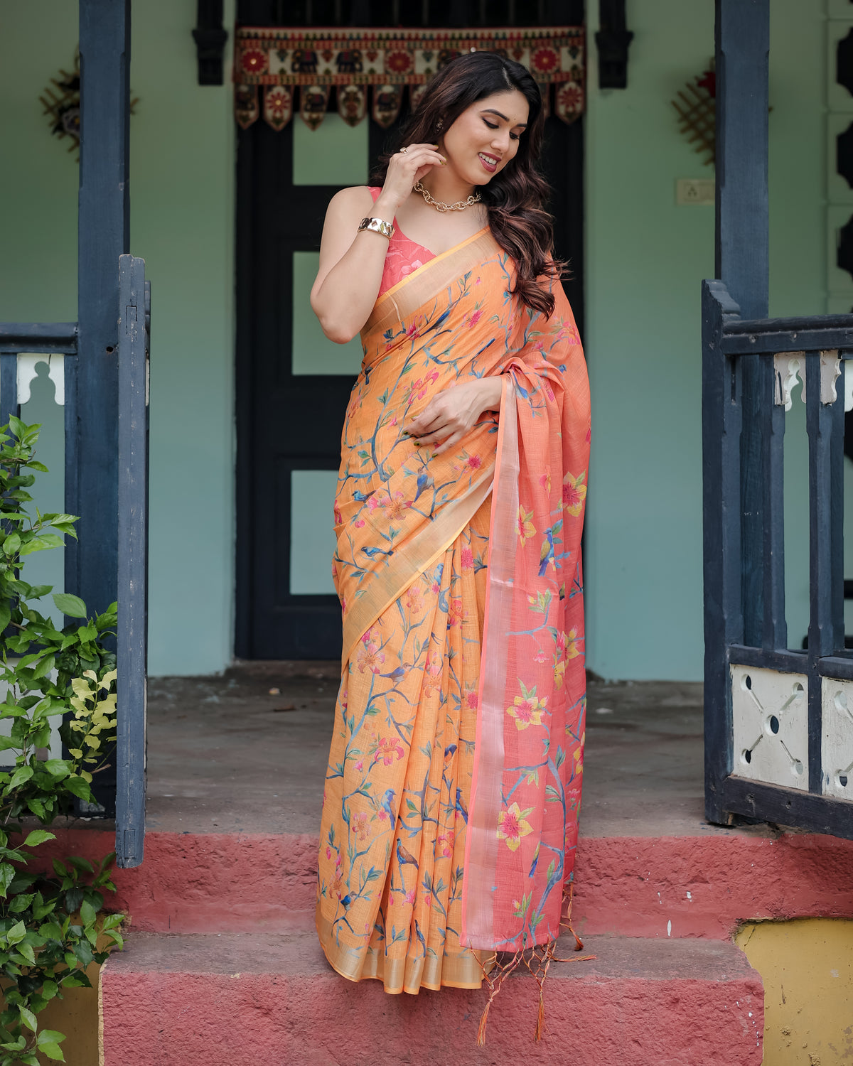 Peach Orange Floral Printed Saree with Pink Pallu