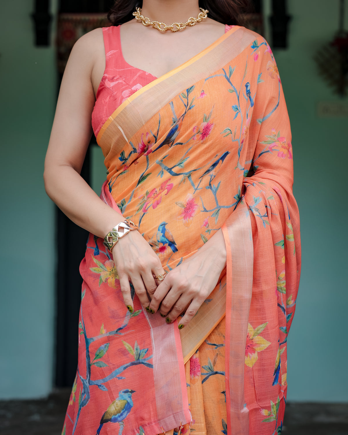 Peach Orange Floral Printed Saree with Pink Pallu
