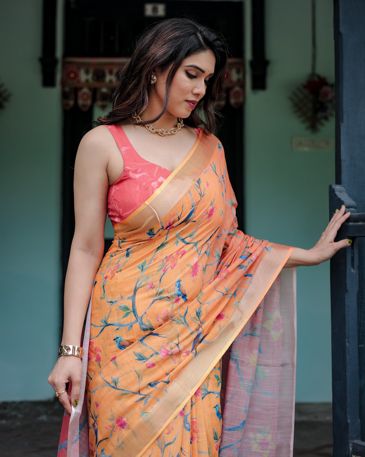 Peach Orange Floral Printed Saree with Pink Pallu