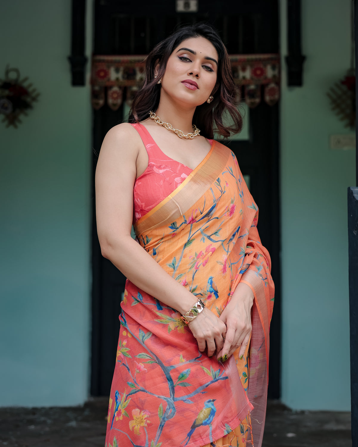 Peach Orange Floral Printed Saree with Pink Pallu
