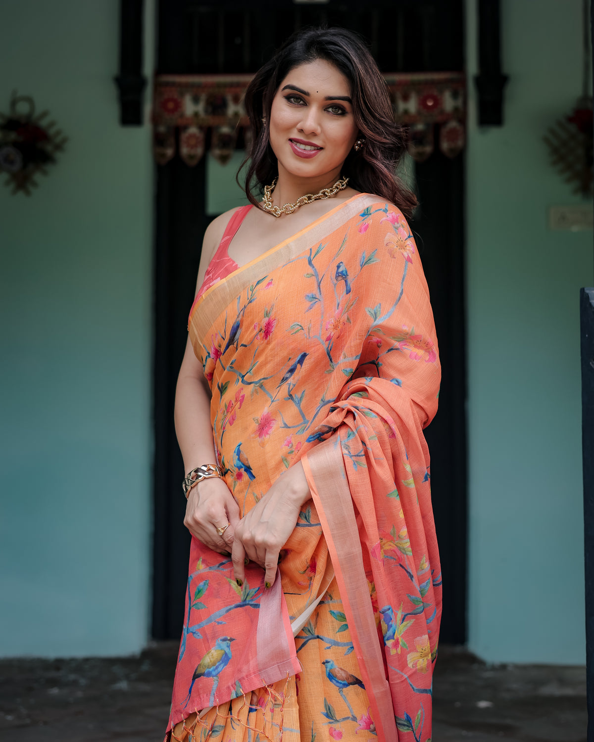 Peach Orange Floral Printed Saree with Pink Pallu