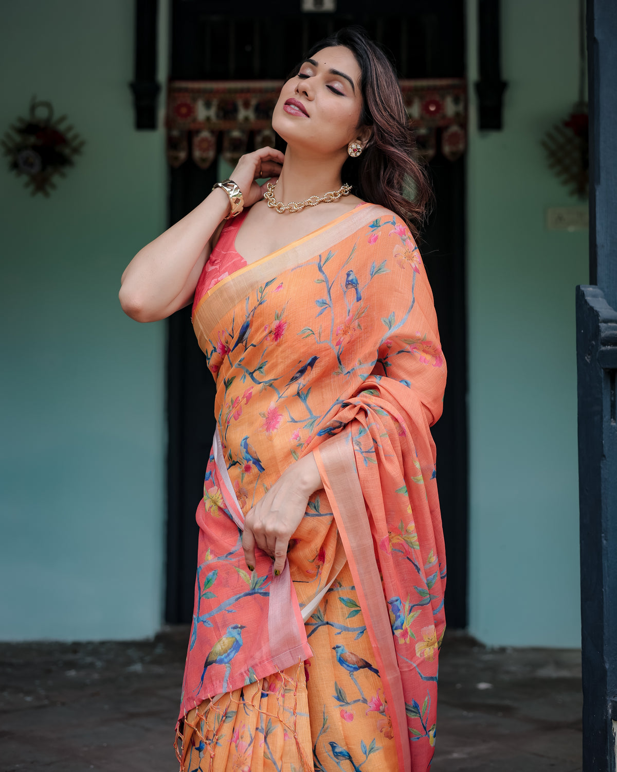 Peach Orange Floral Printed Saree with Pink Pallu