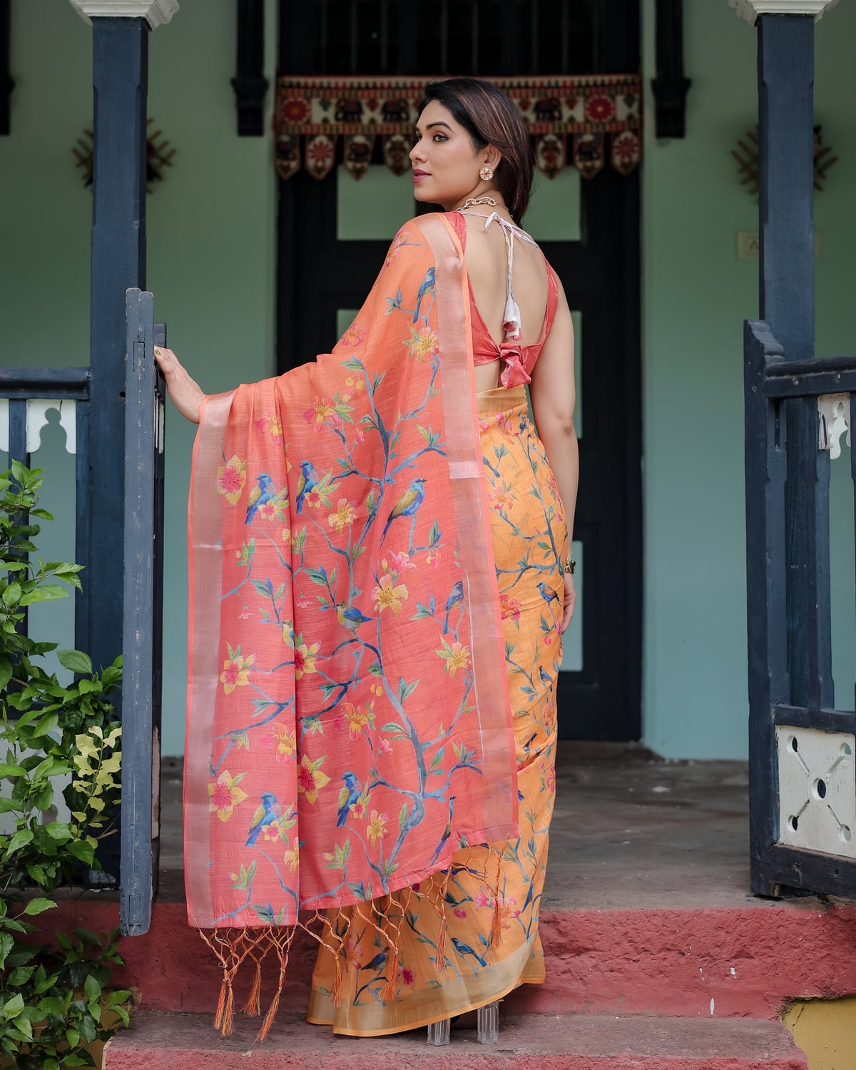 Peach Orange Floral Printed Saree with Pink Pallu