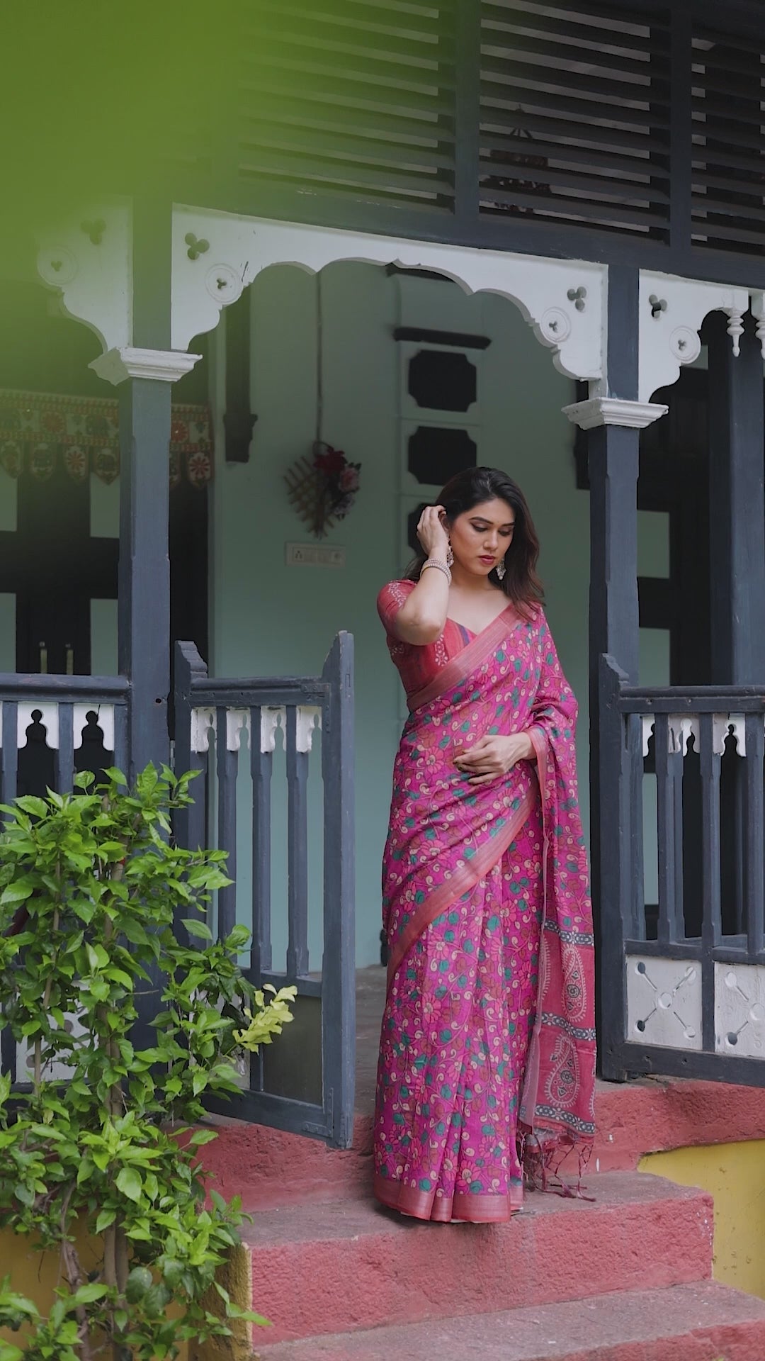 Pink Floral Printed Saree with Green Motifs and Designer Pallu