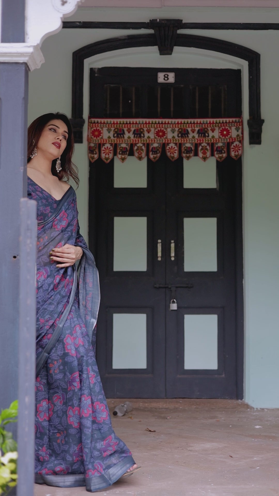 Navy Blue Floral Printed Saree with Designer Border