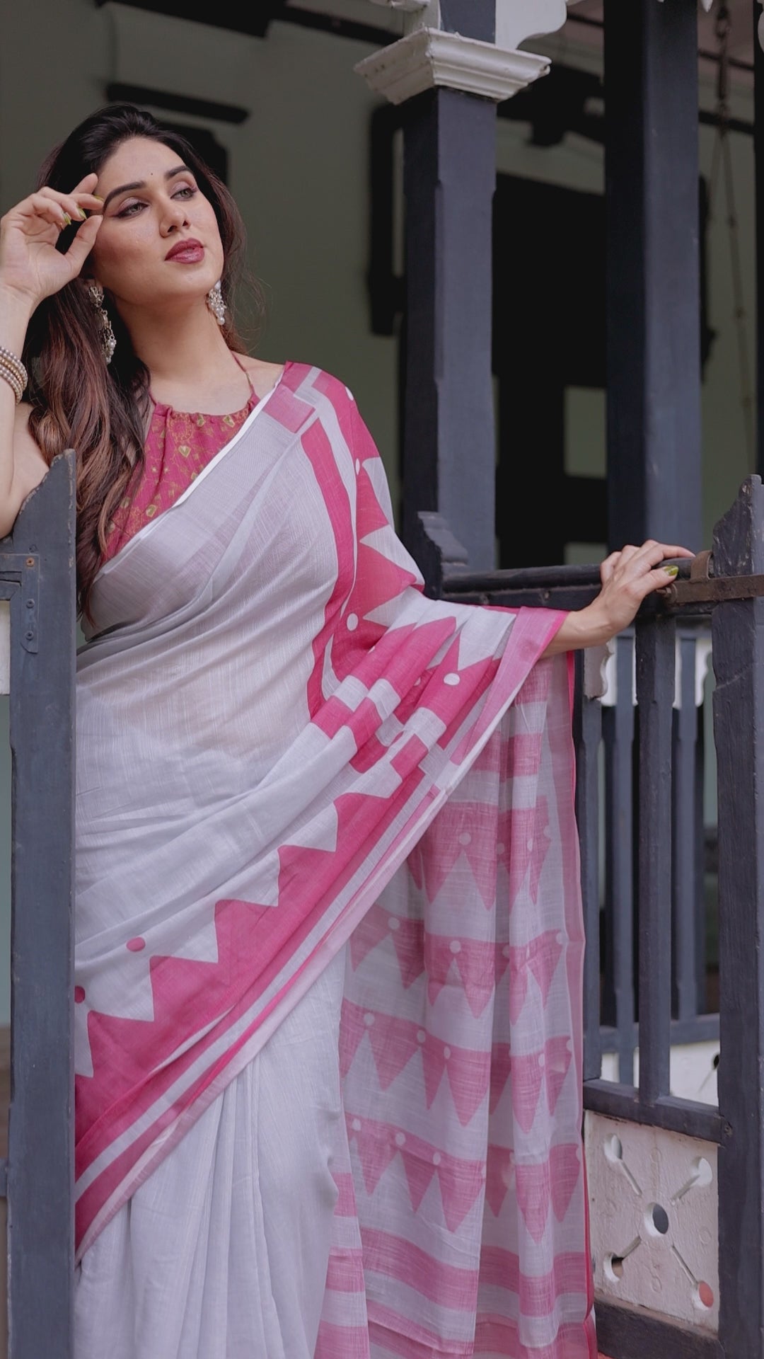White and Pink Printed Saree with Geometric Border
