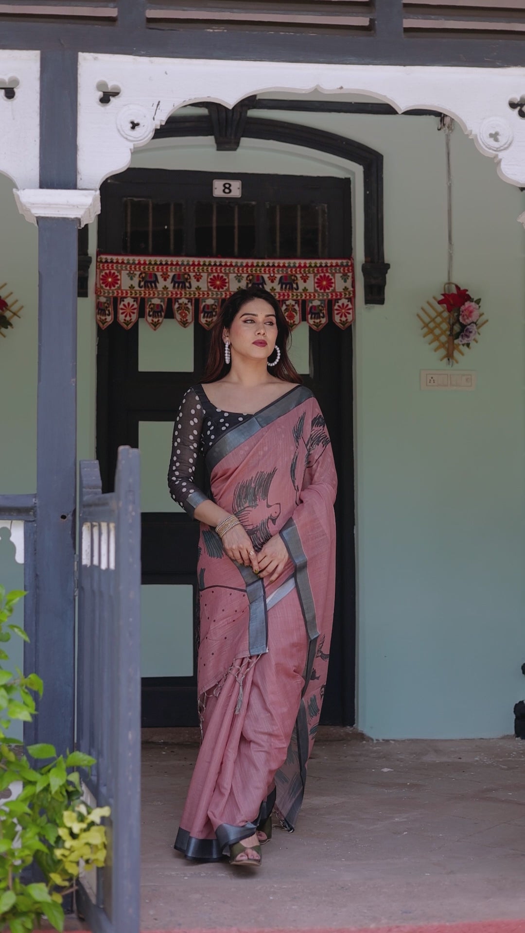 Pink Printed Linen Saree with Grey Border