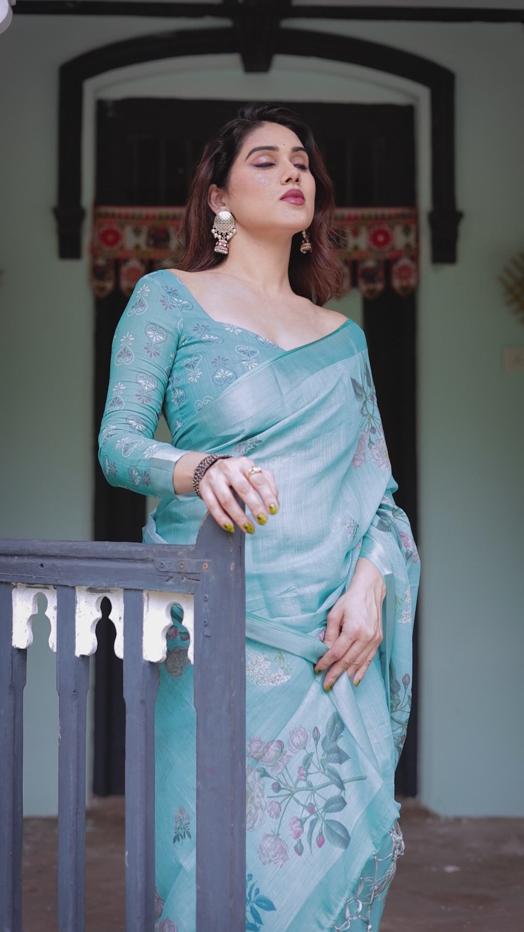 Sky Blue Floral Printed Saree with Matching Blouse